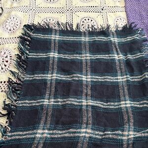 Woven Plaid Fringe Throw Blanket in Dark Teal and Cream